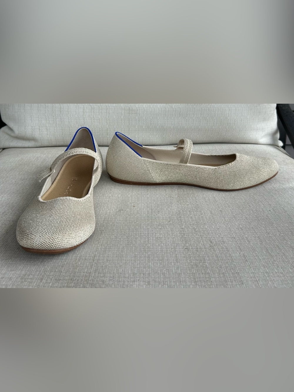 NWOB Rothy's Cream Metallic The Max Square Mary Jane Flats with Blue Trim - Picture 4 of 5